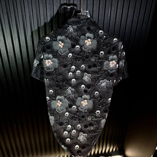 3D Floral Flocking Rhinestone Mandarin Collar Short Sleeve Shirt