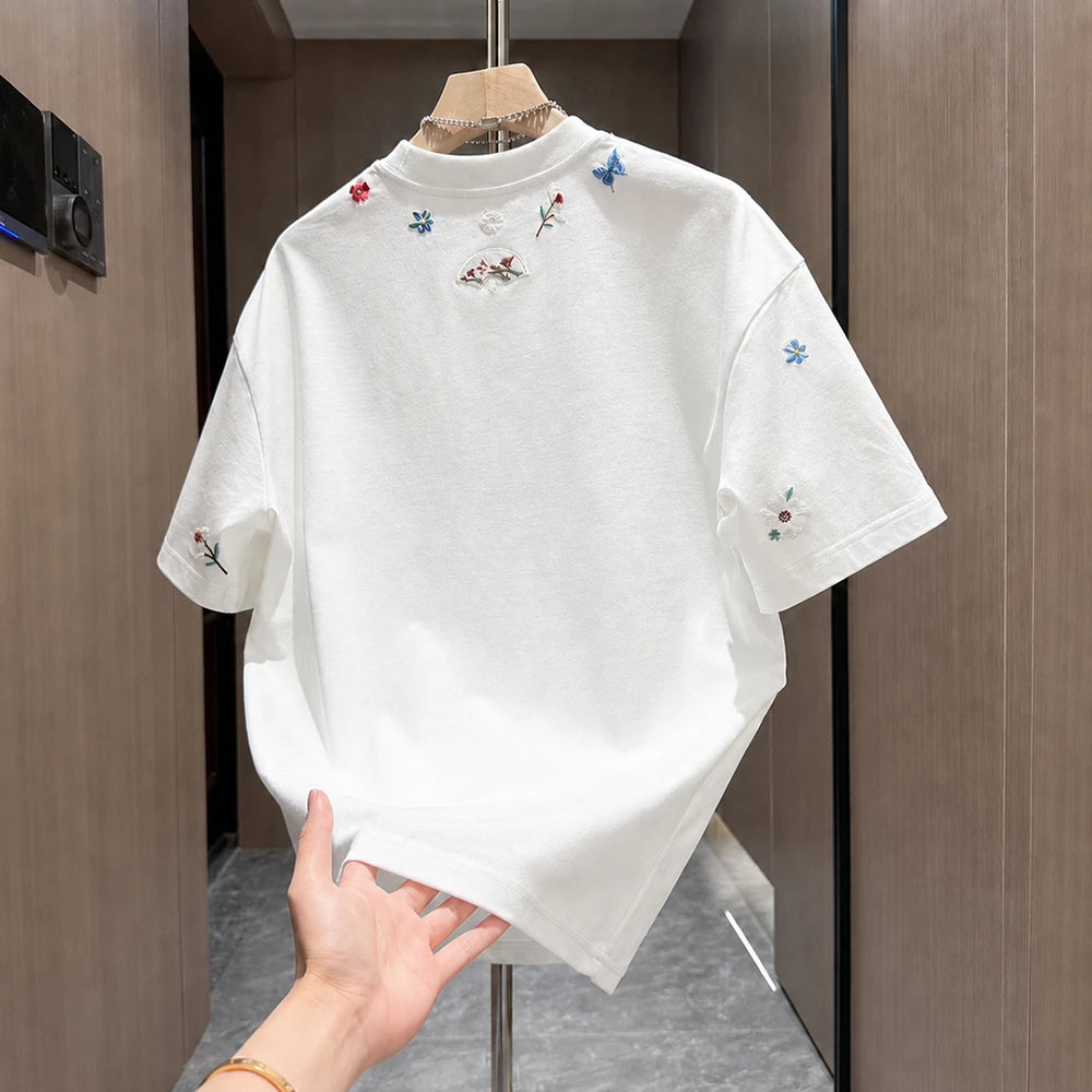 Scattered Floral Fan Embroidery Loose Crew Neck T-Shirt