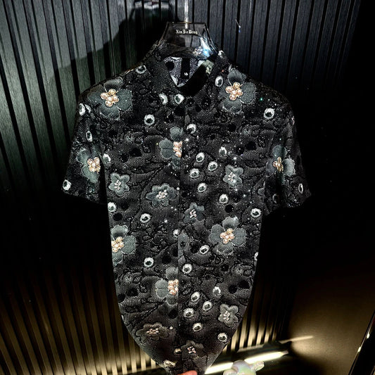 3D Floral Flocking Rhinestone Mandarin Collar Short Sleeve Shirt