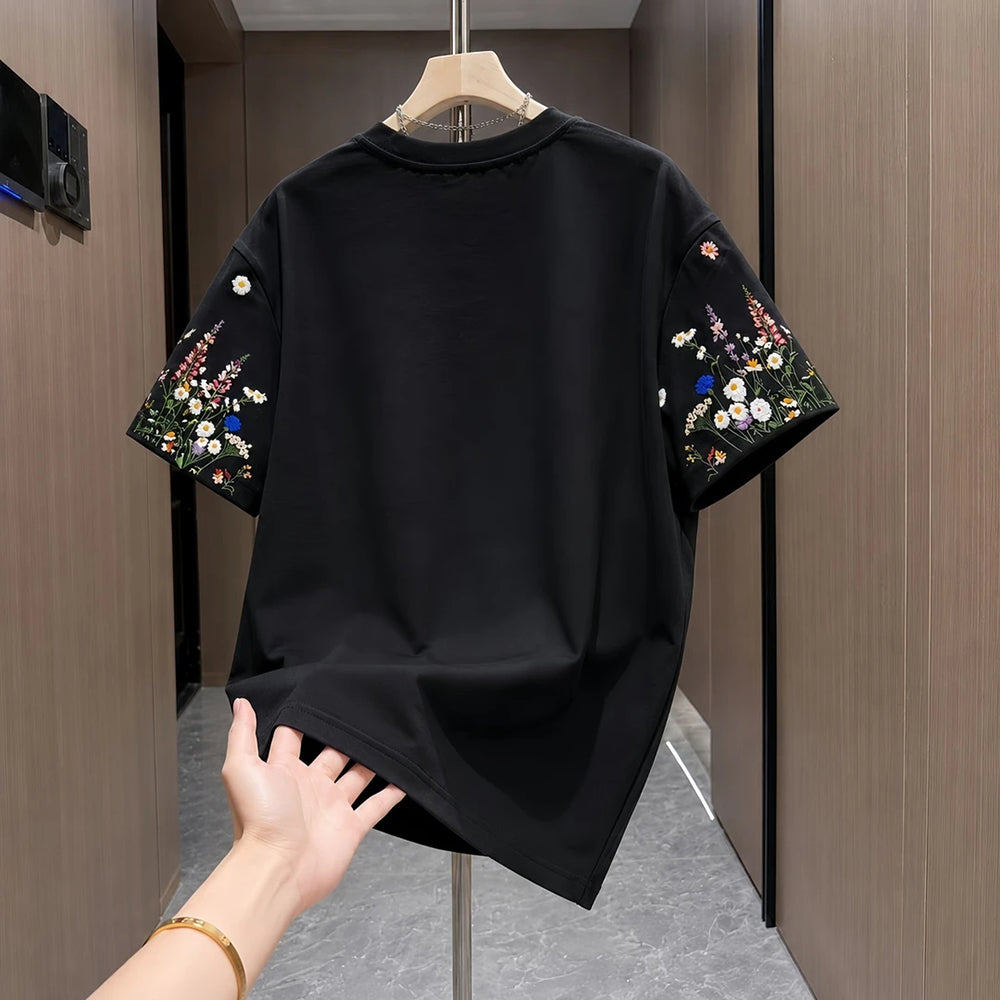 Sleeve Floral Letter Print Casual Crew Neck T-shirt