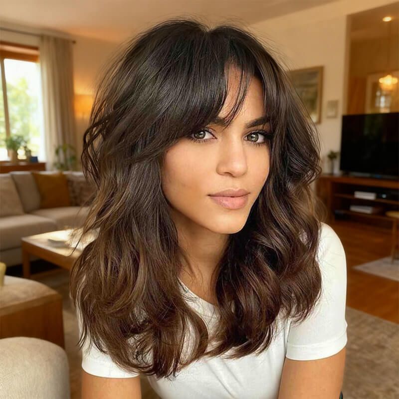 Glueless Shoulder Length Brown Ombre Layered Wavy Wigs With Curtain Bangs Lace Front Human Hair Wigs