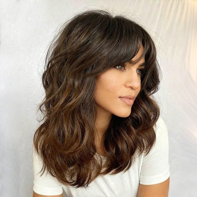 Glueless Shoulder Length Brown Ombre Layered Wavy Wigs With Curtain Bangs Lace Front Human Hair Wigs