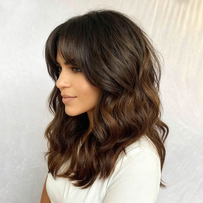 Glueless Shoulder Length Brown Ombre Layered Wavy Wigs With Curtain Bangs Lace Front Human Hair Wigs
