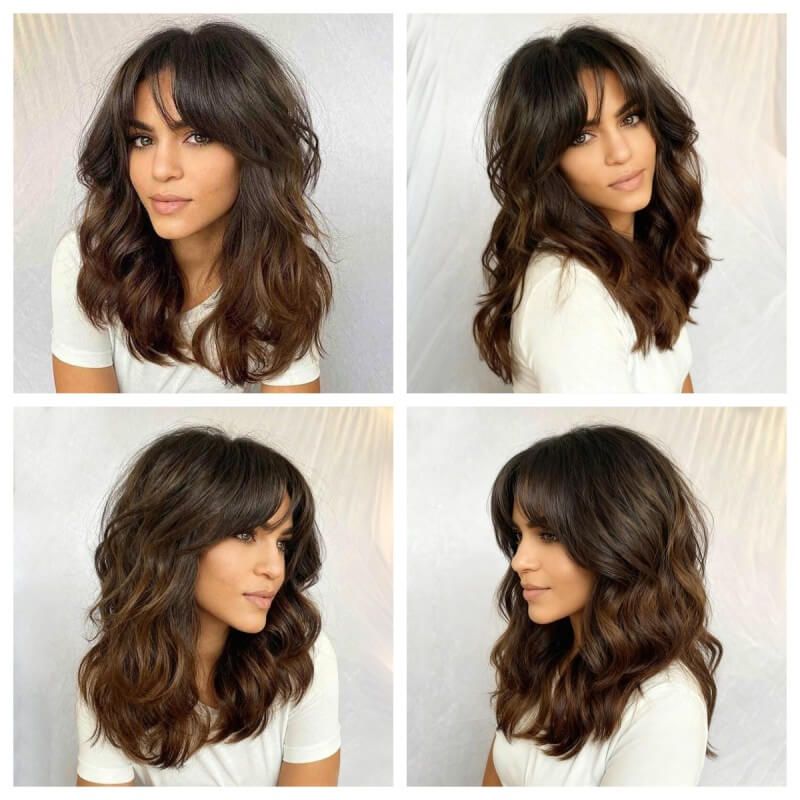 Glueless Shoulder Length Brown Ombre Layered Wavy Wigs With Curtain Bangs Lace Front Human Hair Wigs
