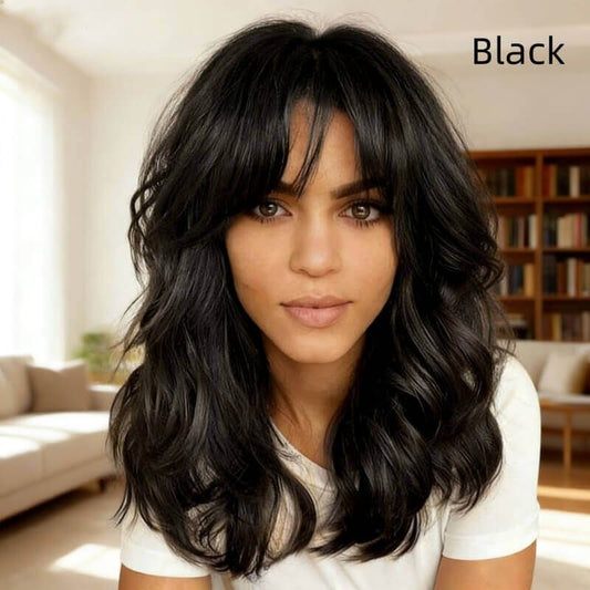 Glueless Shoulder Length Brown Ombre Layered Wavy Wigs With Curtain Bangs Lace Front Human Hair Wigs