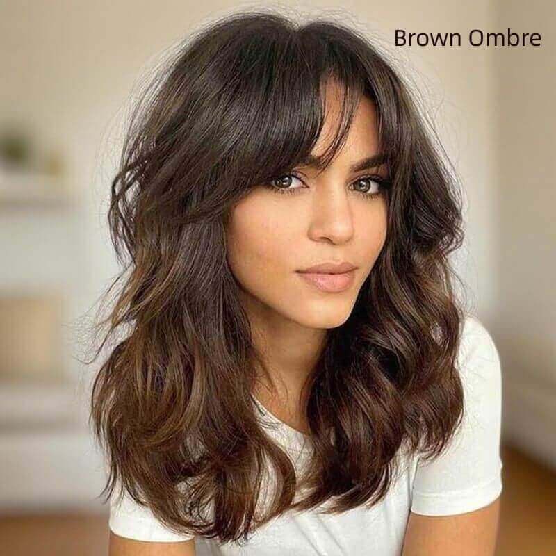 Glueless Shoulder Length Brown Ombre Layered Wavy Wigs With Curtain Bangs Lace Front Human Hair Wigs