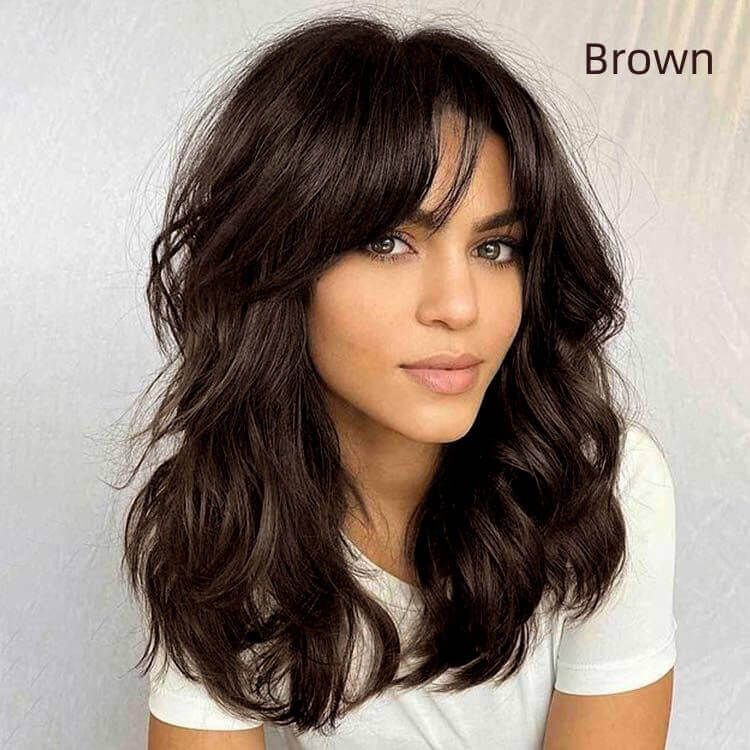 Glueless Shoulder Length Brown Ombre Layered Wavy Wigs With Curtain Bangs Lace Front Human Hair Wigs