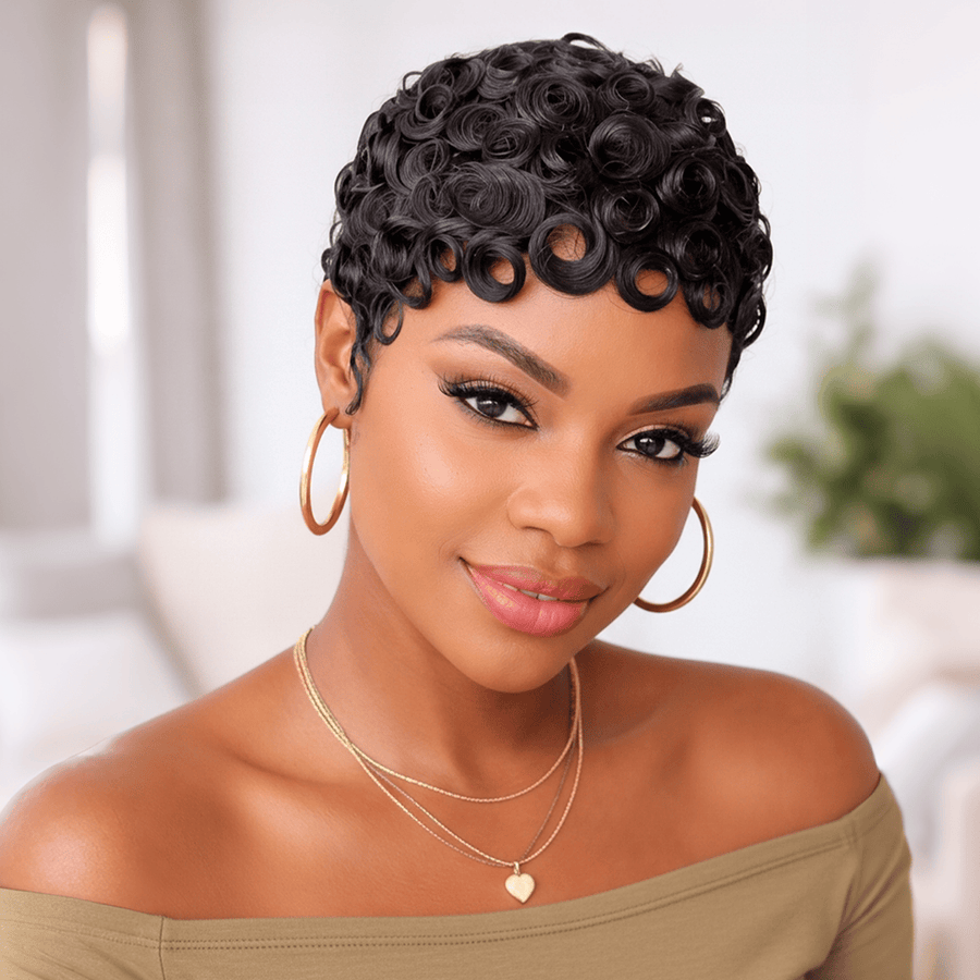 Pixie Cut Finger Wave Machine Made Wig (Cart)