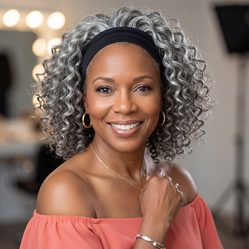 Etta | Ready To Go Salt And Pepper Water Wave Human Hair Glueless Headband Wig