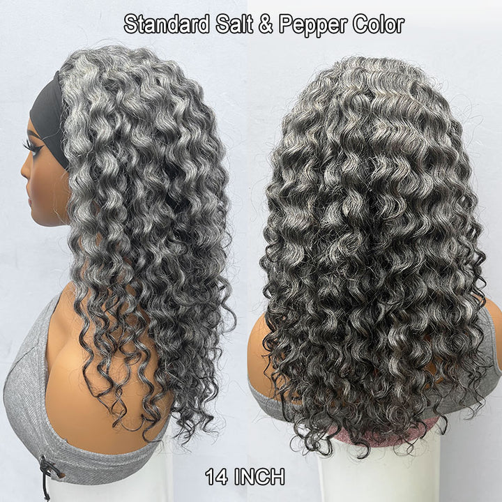 Etta | Ready To Go Salt And Pepper Water Wave Human Hair Glueless Headband Wig