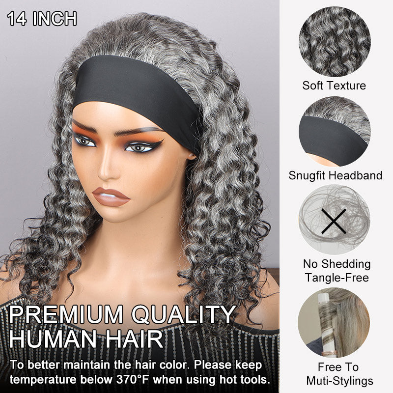 Etta | Ready To Go Salt And Pepper Water Wave Human Hair Glueless Headband Wig