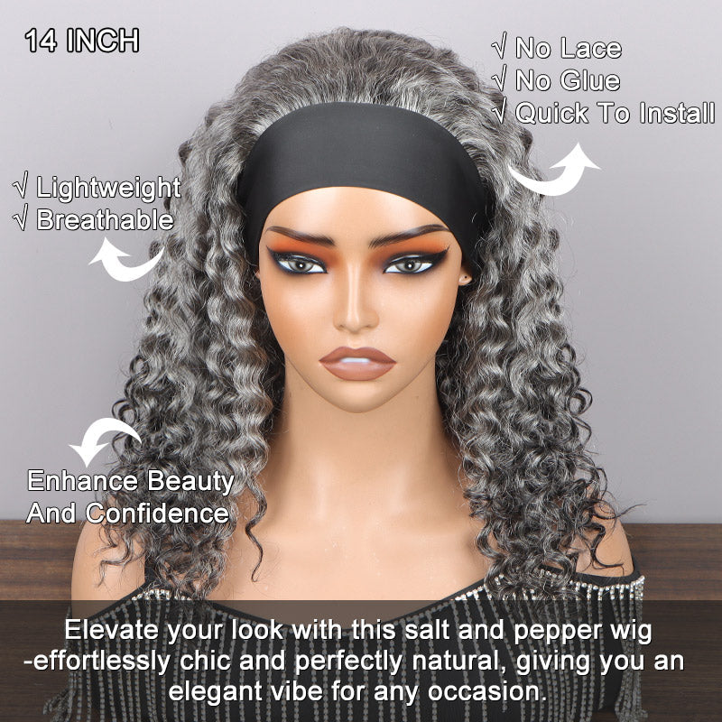 Etta | Ready To Go Salt And Pepper Water Wave Human Hair Glueless Headband Wig