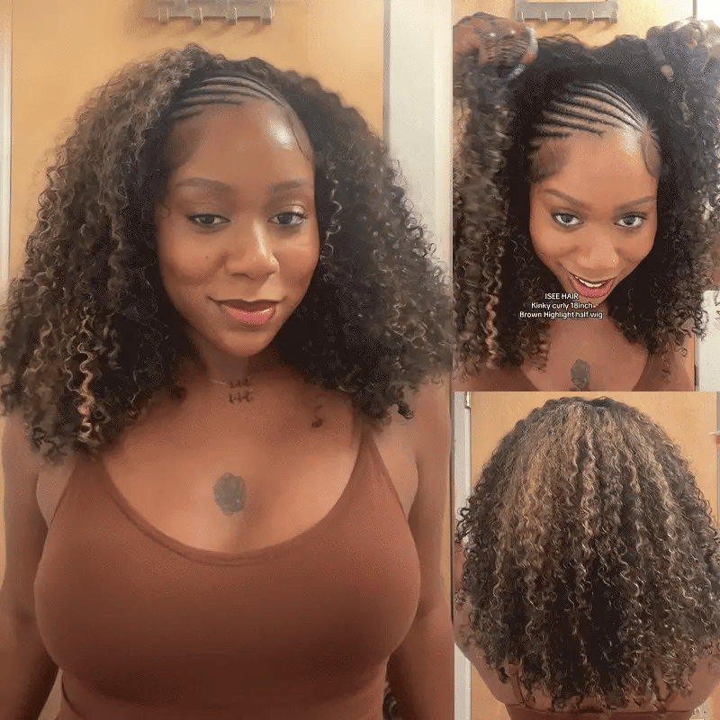[WEAR GO HALF WIG] Highlight Brown Kinky Curly Half Wig Draw-strings Flip Over Wig